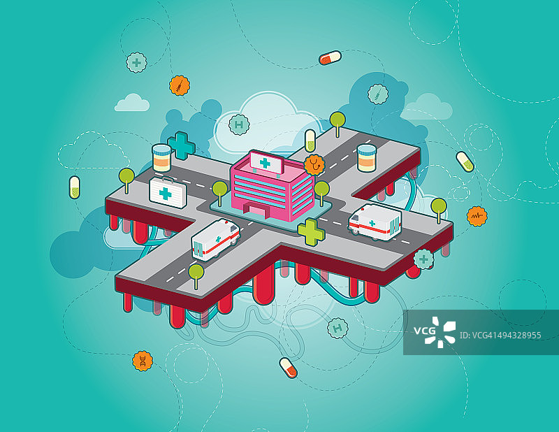 医院大楼十字形状被胶囊包围，描绘健康保险的示意图图片素材