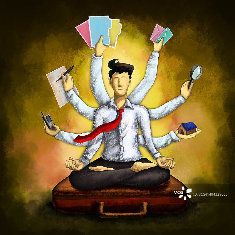 在公文包上冥想的商人，多手背景图片素材