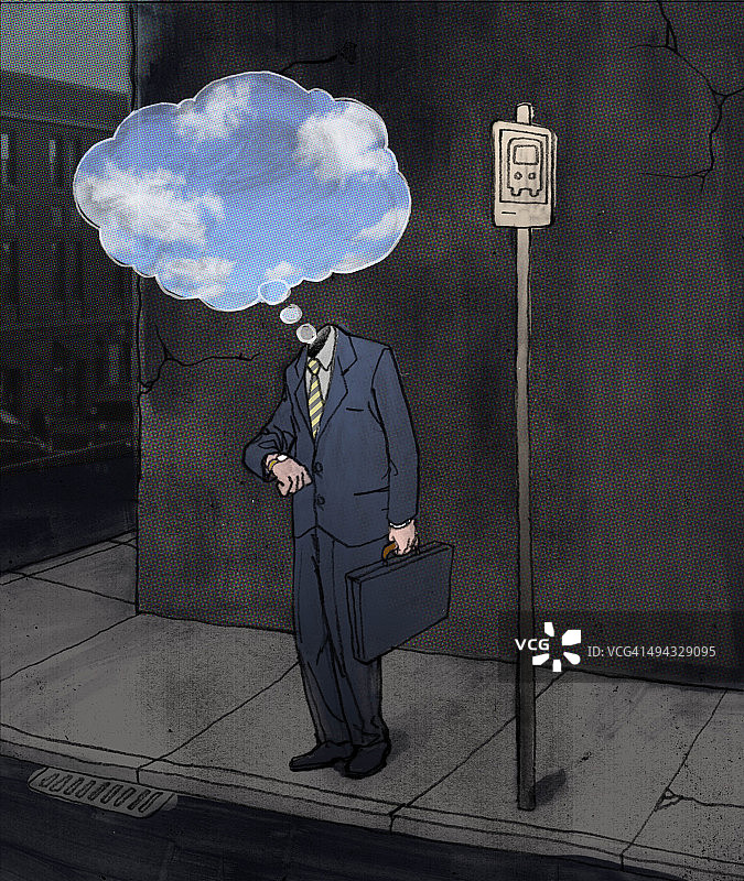沮丧的商人站在公共汽车站，带着思想泡泡图片素材