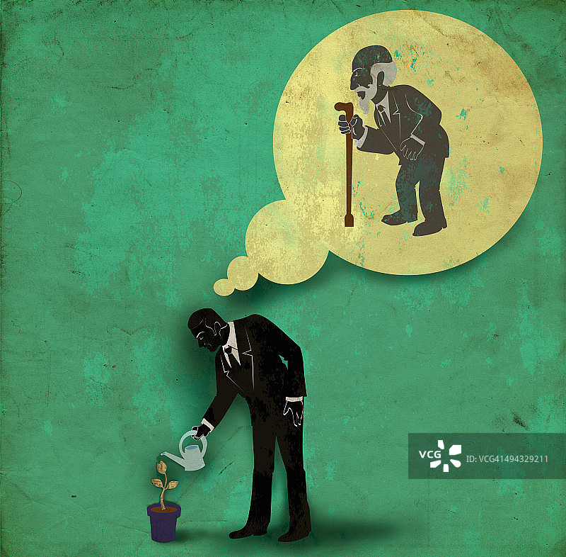 商人浇灌植物，思考退休储蓄图片素材