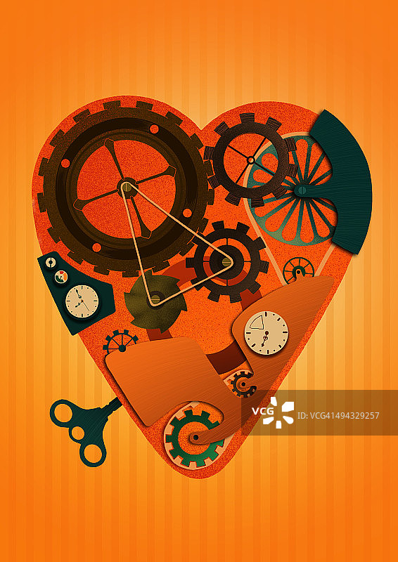 彩色背景上的心形发条机，代表驱动力图片素材