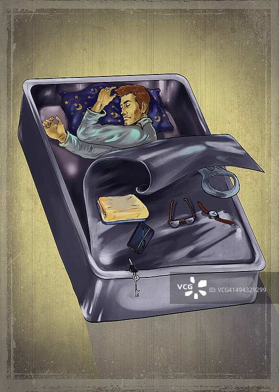 男子在沙丁鱼罐头下睡觉，描绘了环球旅行者的概念图片素材