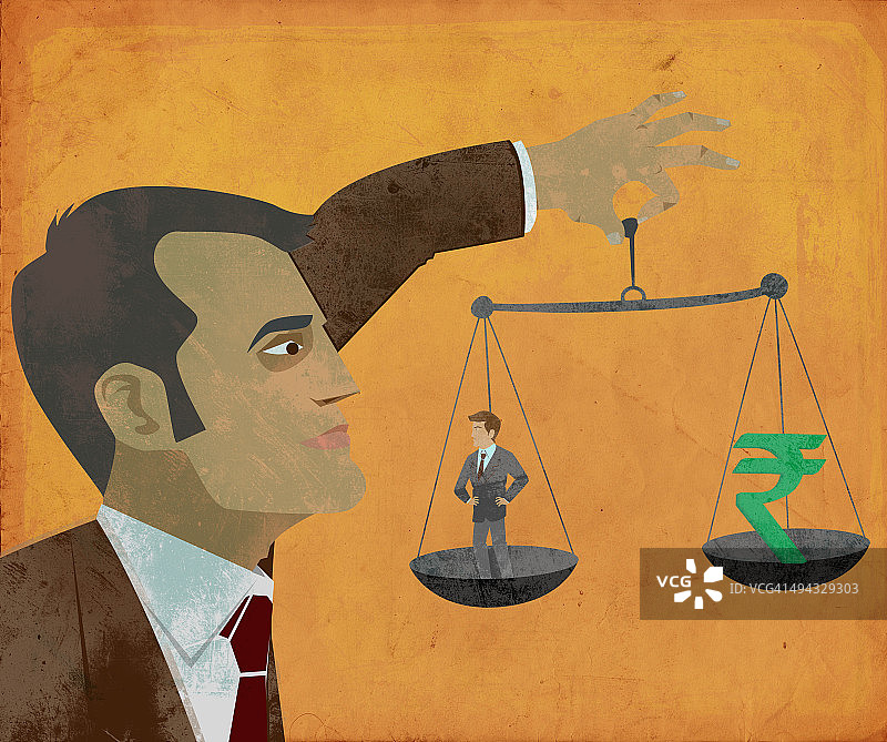 经理根据卢比符号衡量个人绩效的插图，代表员工保留流程图片素材