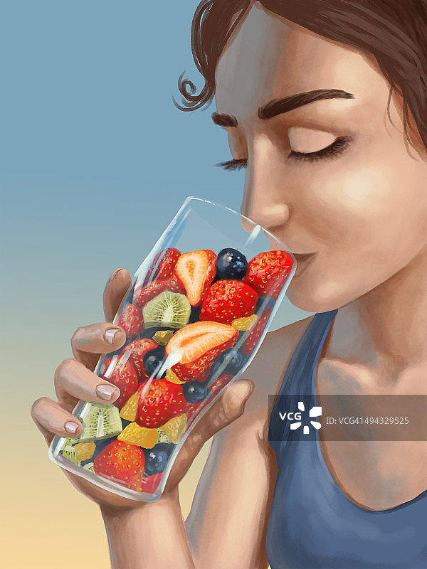 女人手持鲜果杯，健康生活插画图片素材