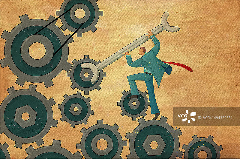 商务人士用扳手修理齿轮，解决业务难题图片素材