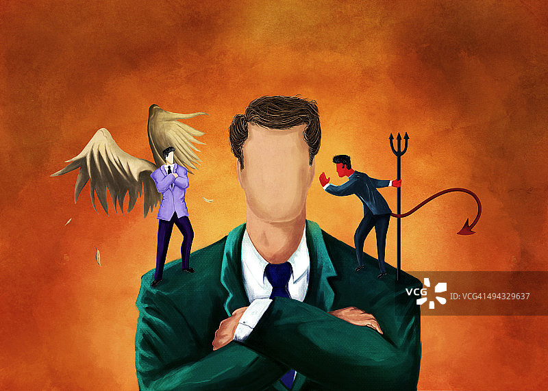 天使与魔鬼给商人提供建议的插画图片素材