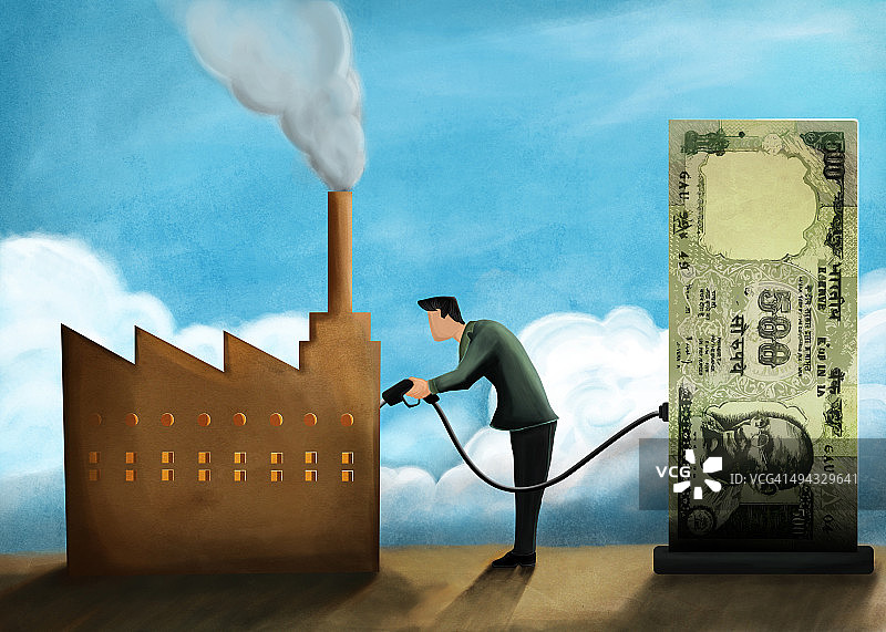 商人用金钱为工厂加油的示意图，代表投资图片素材