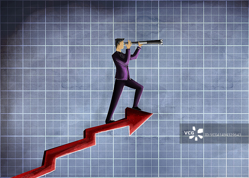 象征预测的在箭头上用望远镜观察的商务人士插画图片素材