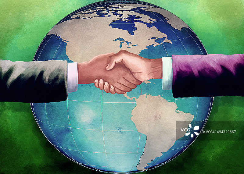 以地球为背景，握手的商人，代表商业协议的插画图片素材