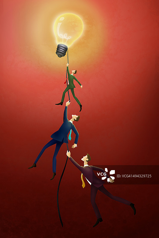 悬挂在点亮灯泡绳索上的商人插画图片素材