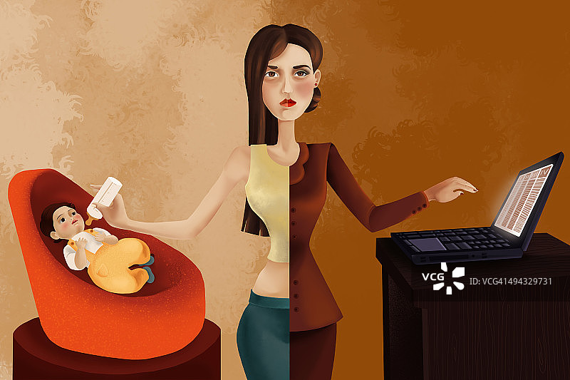 职业女性边用电脑边喂宝宝的插画图片素材