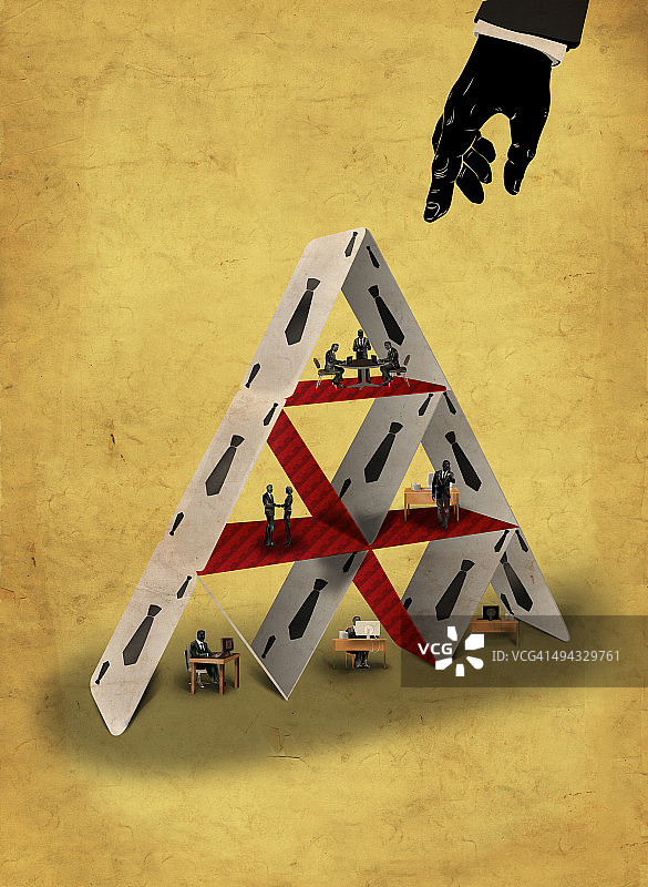 指向纸牌金字塔的手插画：象征团队合作图片素材