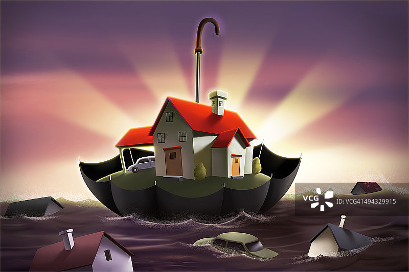 雨伞保护房子免受洪水侵袭，房屋保险图片素材