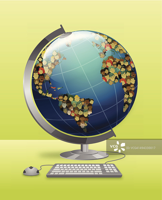 与键盘和鼠标相连的地球，代表社交网络的插画图片素材