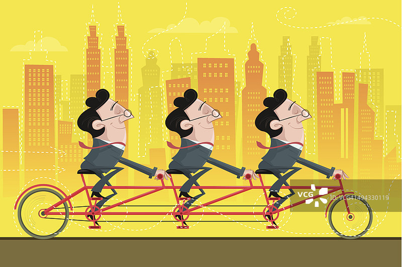 快乐的商人一起骑自行车代表合作关系插画图片素材