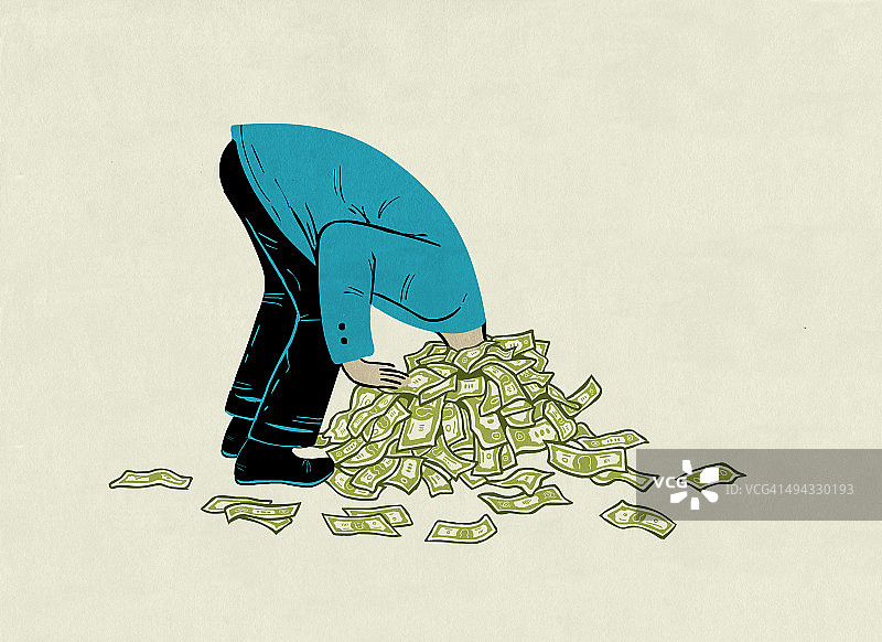 商人头部卡在代表债务的成堆金钱中的示意图图片素材