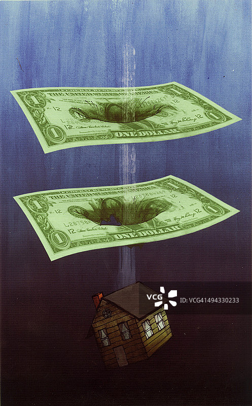 模型房屋穿过纸币的插画，代表房地产业务的损失图片素材