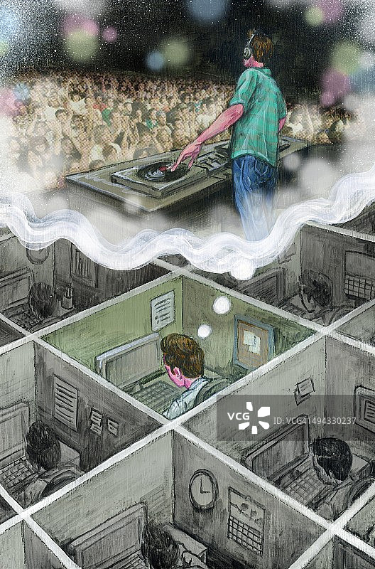 商人梦想参加DJ派对的插画图片素材