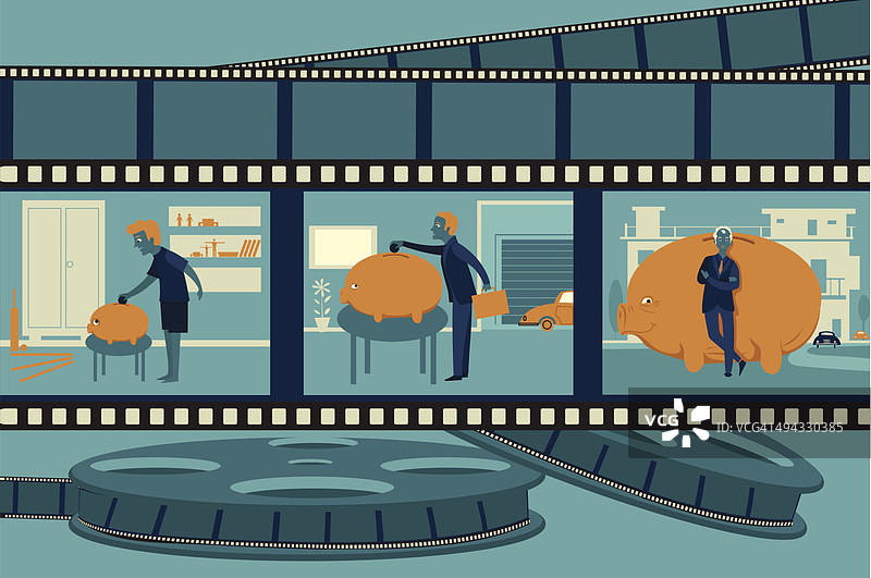 人和小猪存钱罐印在胶片上的生命周期示意图图片素材