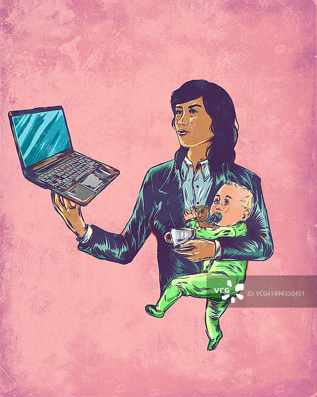 使用笔记本电脑的职场女性，同时照顾婴儿，象征多任务处理图片素材