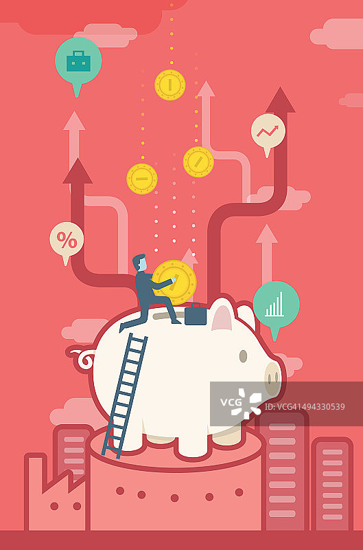 商人将硬币放入存钱罐中，代表储蓄图片素材