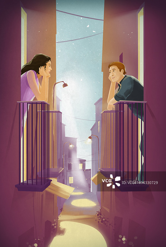 情侣站在阳台上互相欣赏的插图图片素材