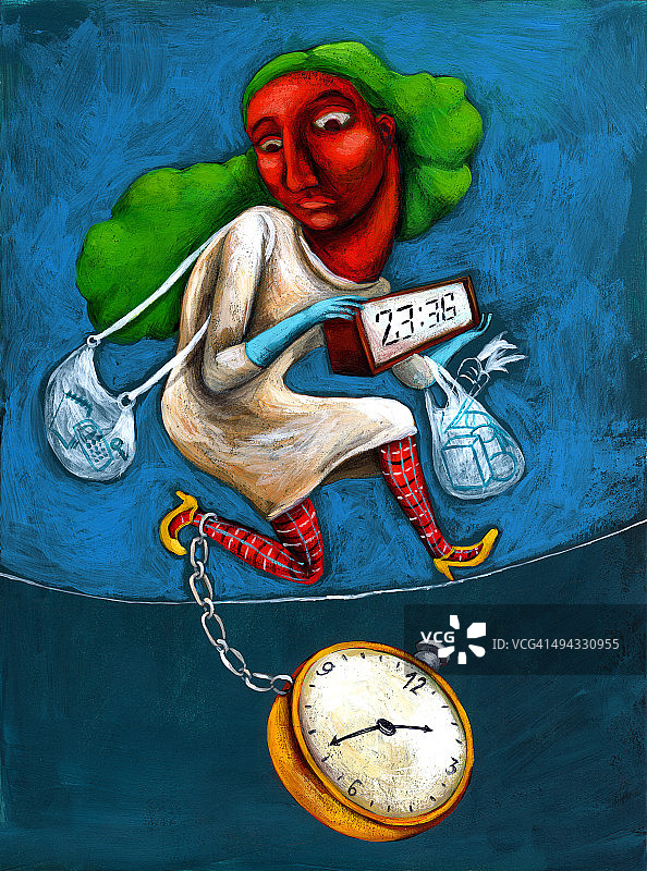 因购物而分秒必争的女商人插画，彩色背景图片素材