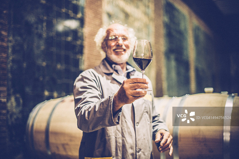 留着胡须的年长男人手持一杯红酒图片素材