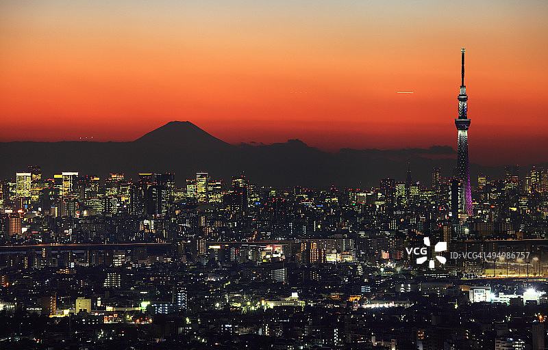 东京天际线、晴空塔与富士山图片素材
