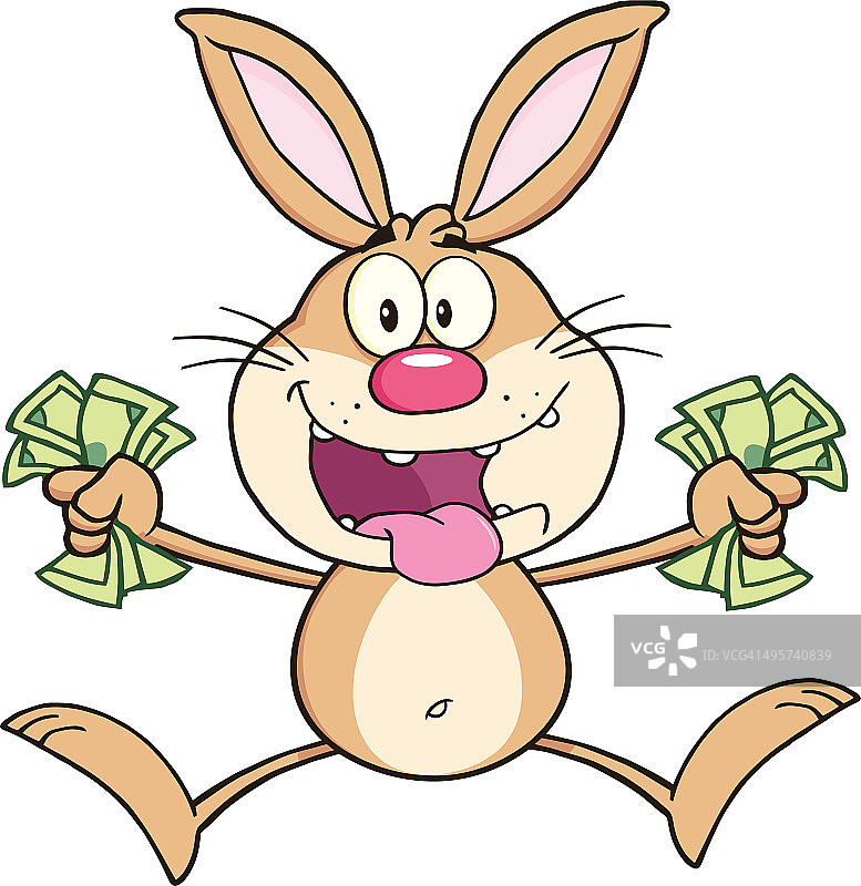抱着现金跳跃的棕色兔子图片素材