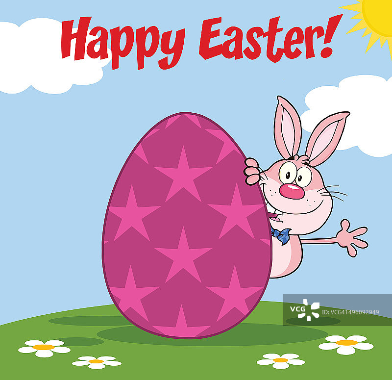 可爱的粉色兔子在复活节彩蛋后面挥手图片素材