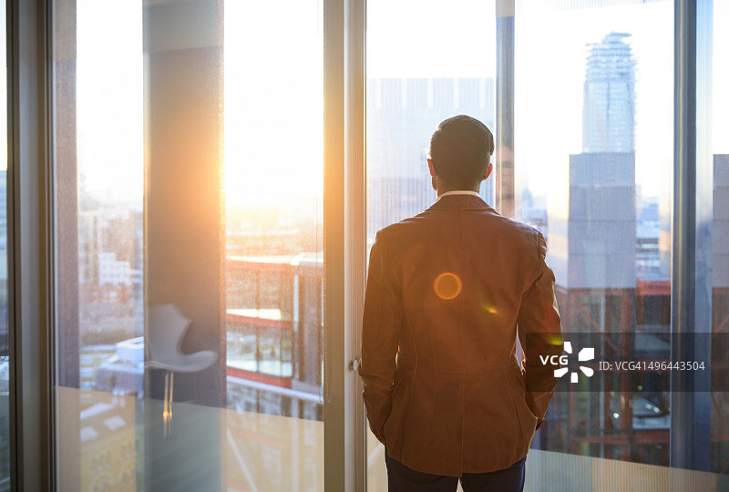 阳光下，透过办公室窗户望向远方的商人图片素材