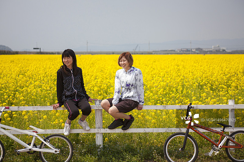 坐在花田栅栏上的两个女人图片素材
