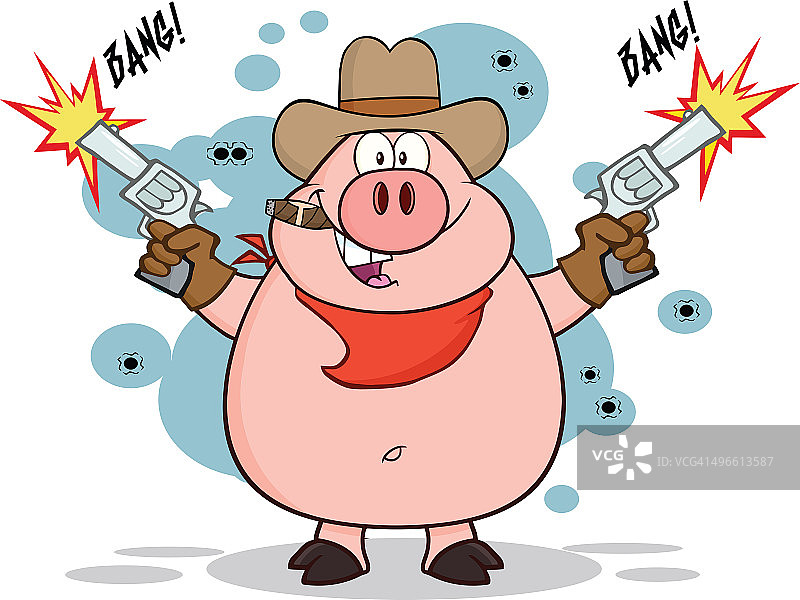 带有背景的牛仔猪持双枪图片素材