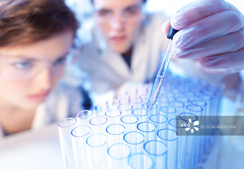 化学实验室科研团队使用试管架工作图片素材
