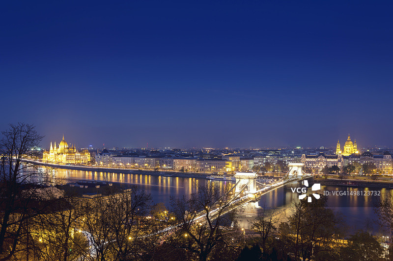 布达佩斯议会大桥和教堂的黄昏图片素材