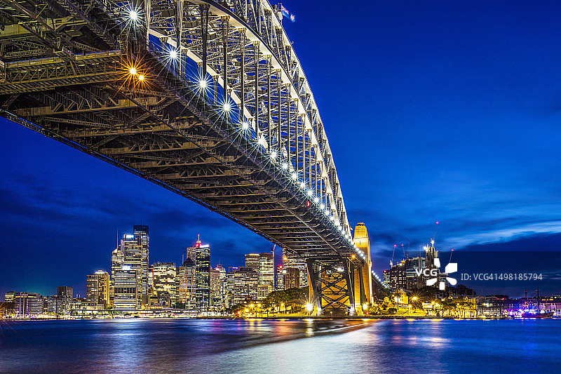 黄昏时分，以市中心为背景的悉尼海港大桥图片素材