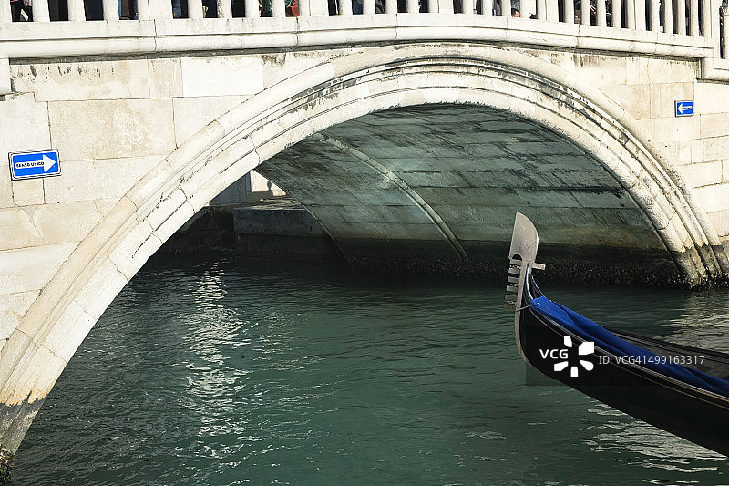 意大利威尼托威尼斯：贡多拉船、桥梁和单行线标志细节图片素材