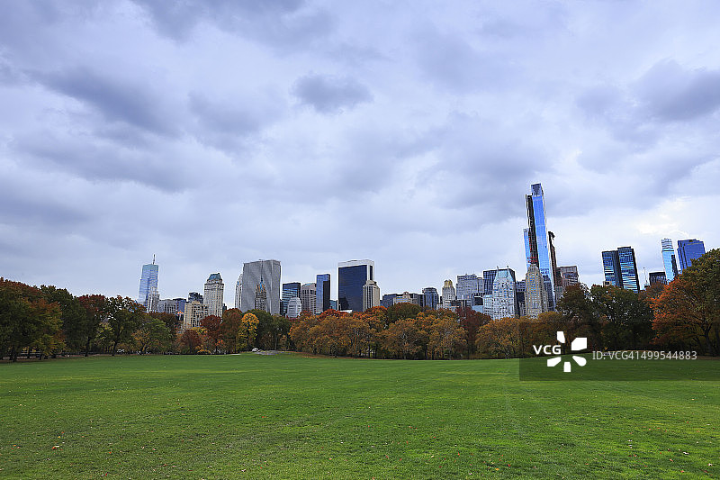 秋季绵羊草地上云雾笼罩的摩天大楼图片素材