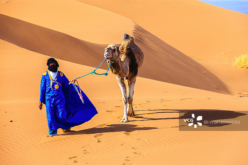 在非洲西撒哈拉沙漠中与骆驼同行的年轻图阿雷格人图片素材