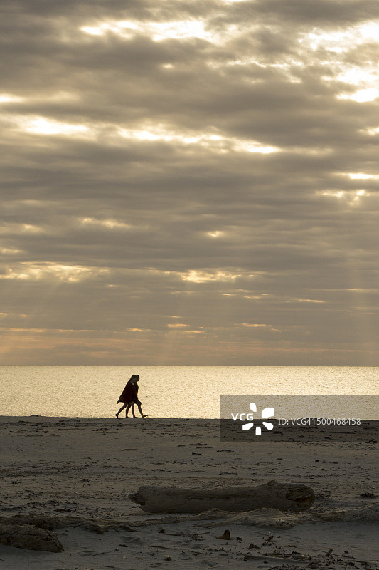 日落时在沙滩上行走的两个年轻女人的剪影图片素材