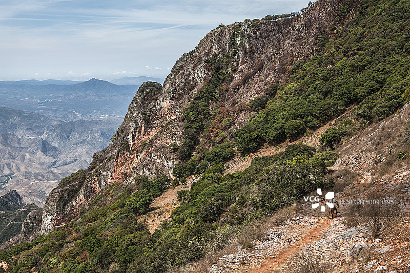 女人在山区与驴同行图片素材
