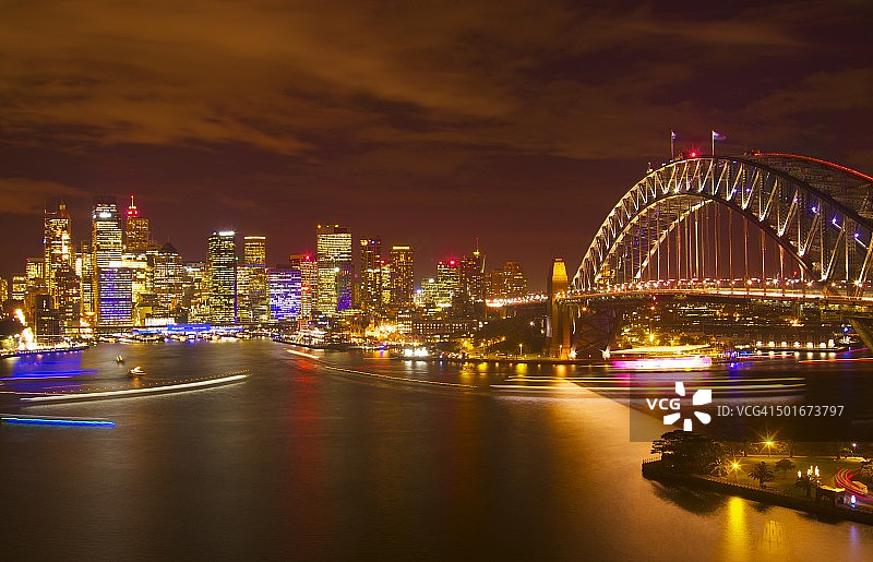 夜晚的悉尼海港大桥和中央商务区图片素材