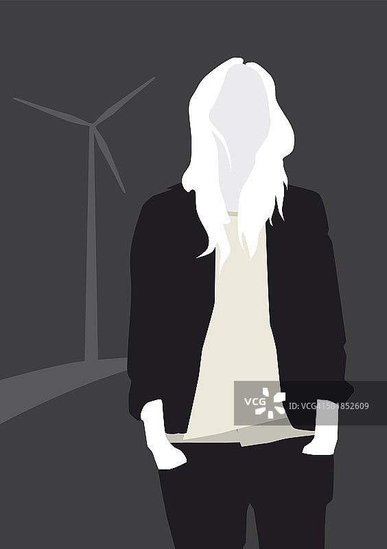 风力涡轮机前的女人剪影，插图图片素材