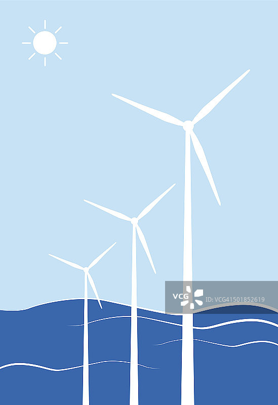 蓝色背景下的风力涡轮机，插图图片素材