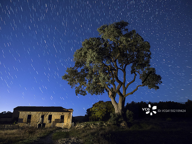 废弃的破旧老农舍，旁边有一棵大树，星空夜景图片素材