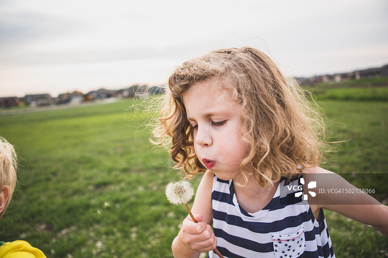 女孩对着蒲公英许愿，哥哥站在她旁边图片素材