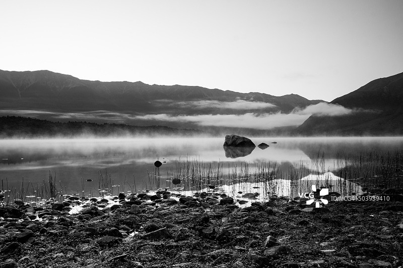 新西兰尼尔森湖国家公园罗托伊蒂湖上的黑白晨雾图片素材