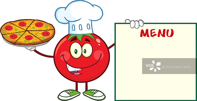 手持披萨的番茄厨师卡通吉祥物图片素材