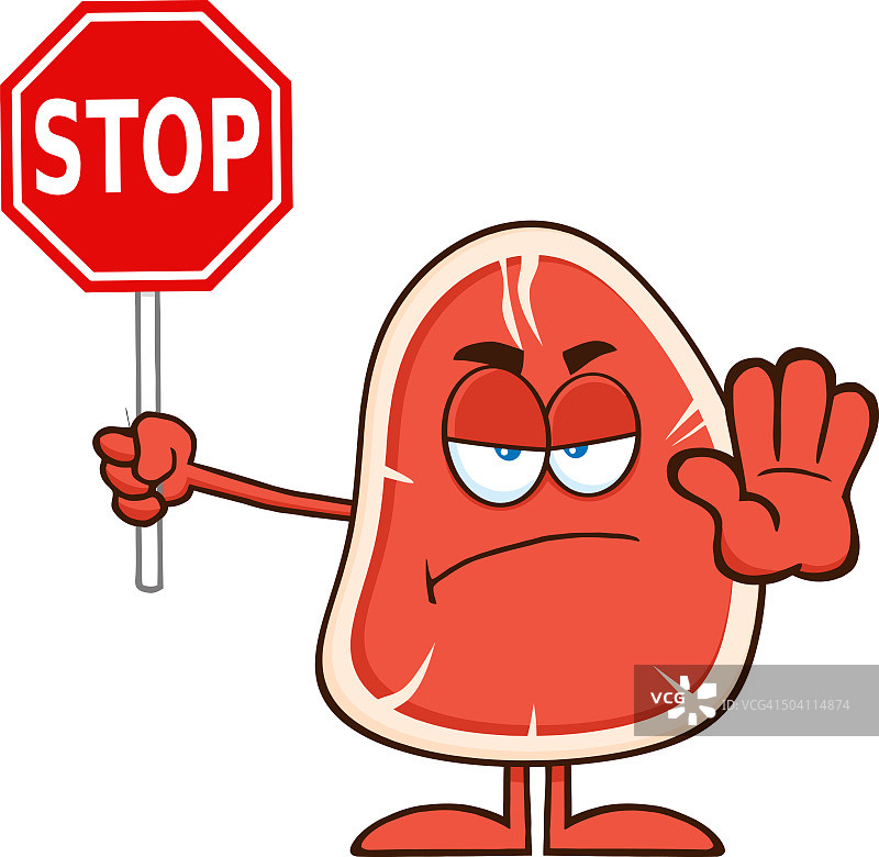 愤怒的牛排拿着停止标志图片素材